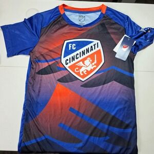 MLS FC Cincinnati Boys Soccer Jersey Blue Orange Graphic Shirt Size L 12/14 NEW